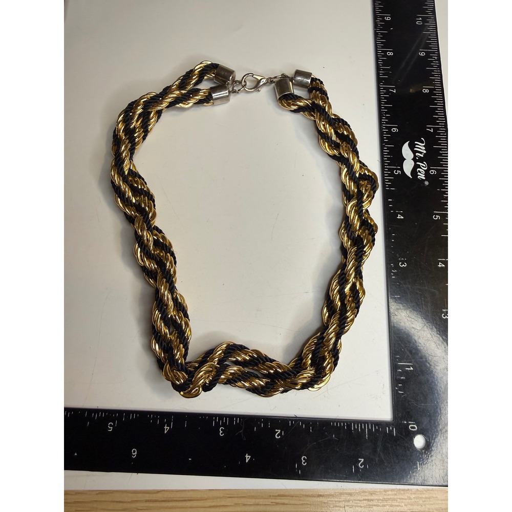 Chunky Twisted Rope Necklace Gold Tone Black Cord Braided Statement 18 Inch